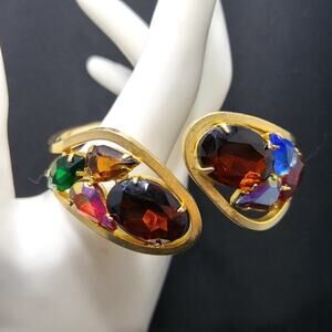 Vintage Multicolor Rhinestone Hinged Bracelet, Gold Tone Clamper, 7 Inches